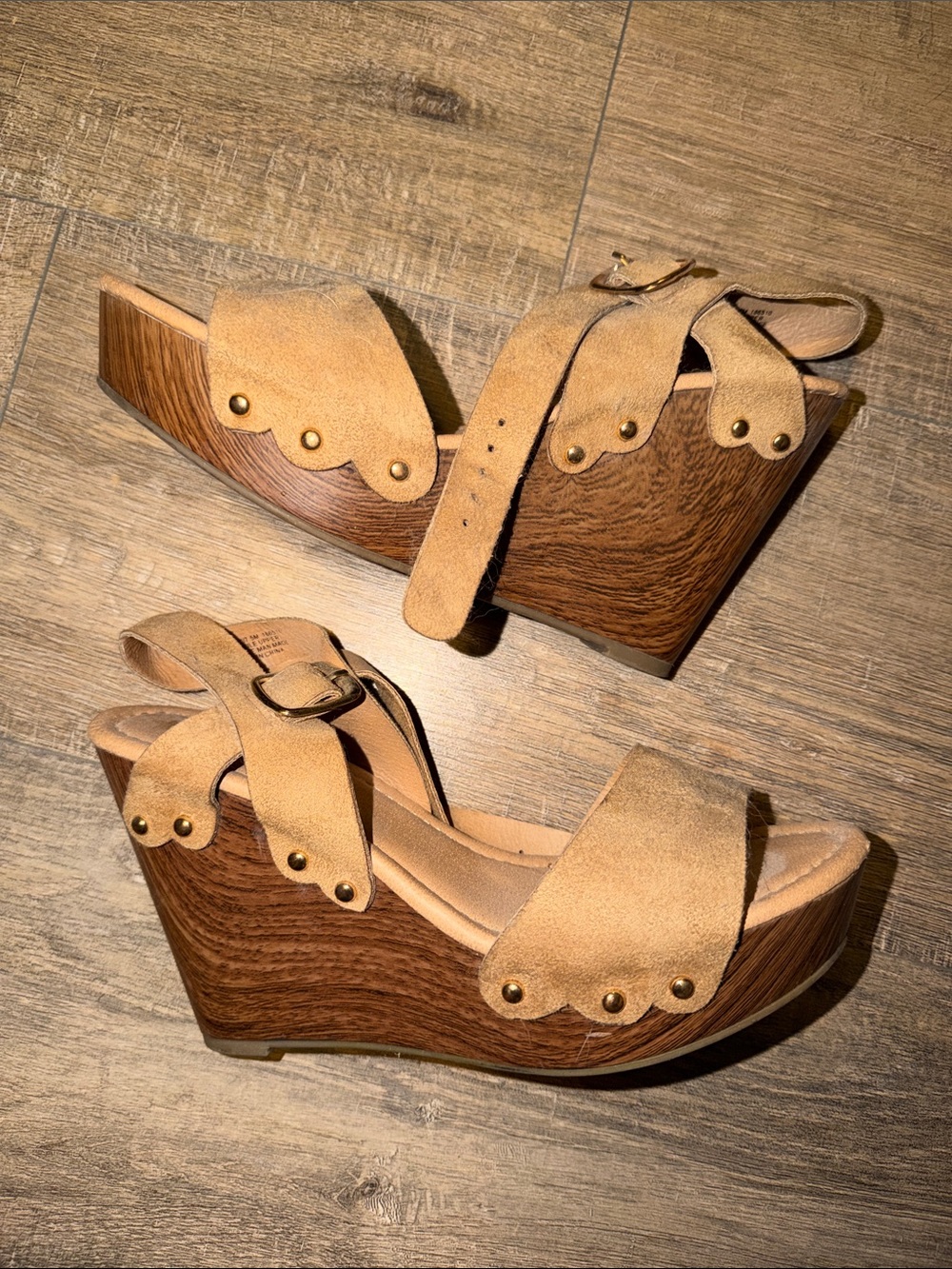 hippie laundry Tan Suede Wedge Sandals with Wood-Effect Platform
